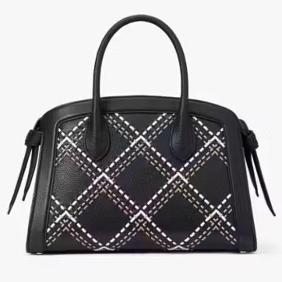 Kate Spade Knott Plaid Stitched Medium Black Zip Top Satchel Crossbody NWOT $428 - Picture 1 of 16
